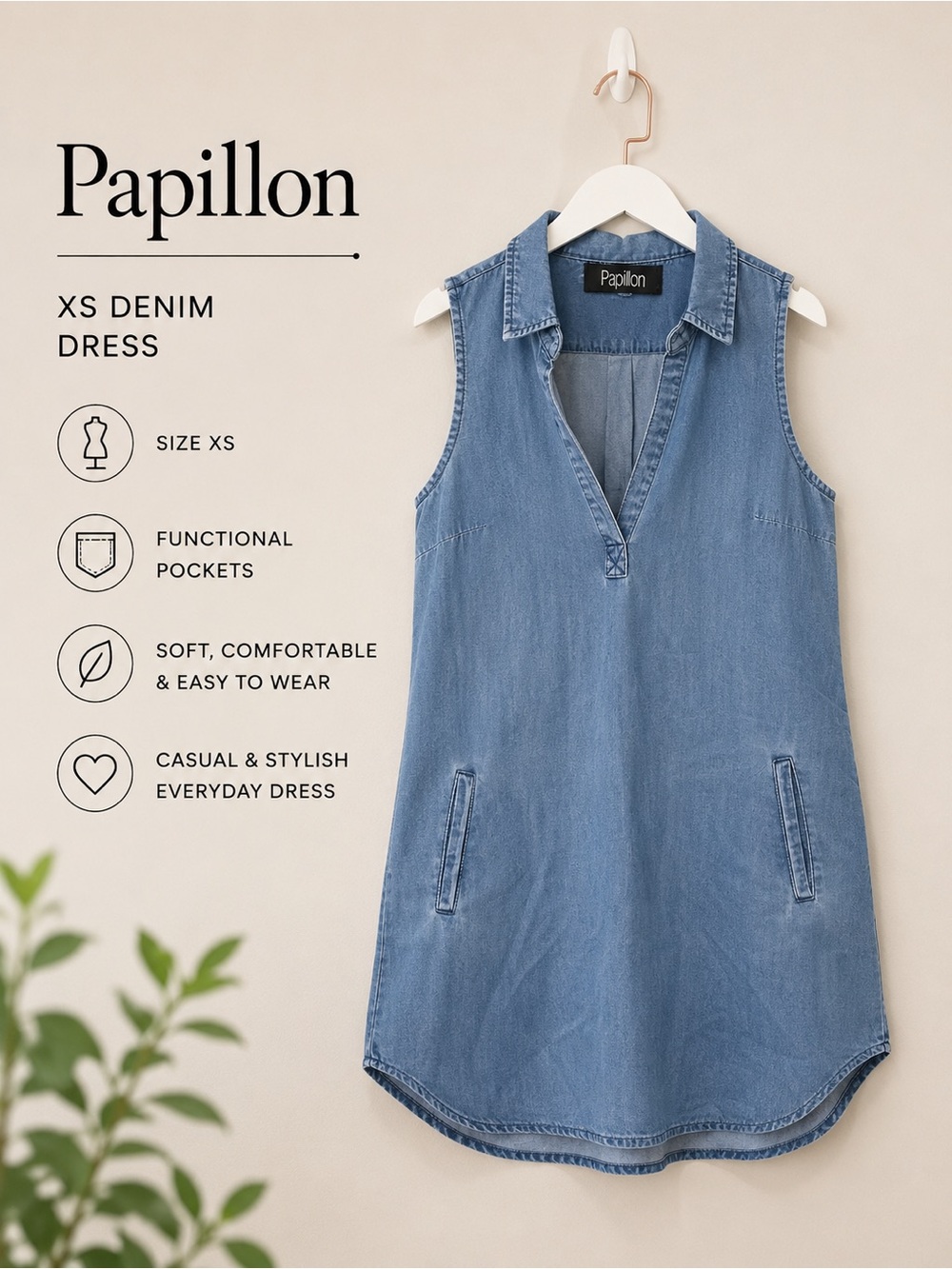 Sleeveless Light Blue Chambray Mini Dress with V-Neck Sz XS with pockets!